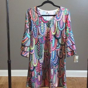S Multi-colored whimsical dress with 3 tiered bell sleeves